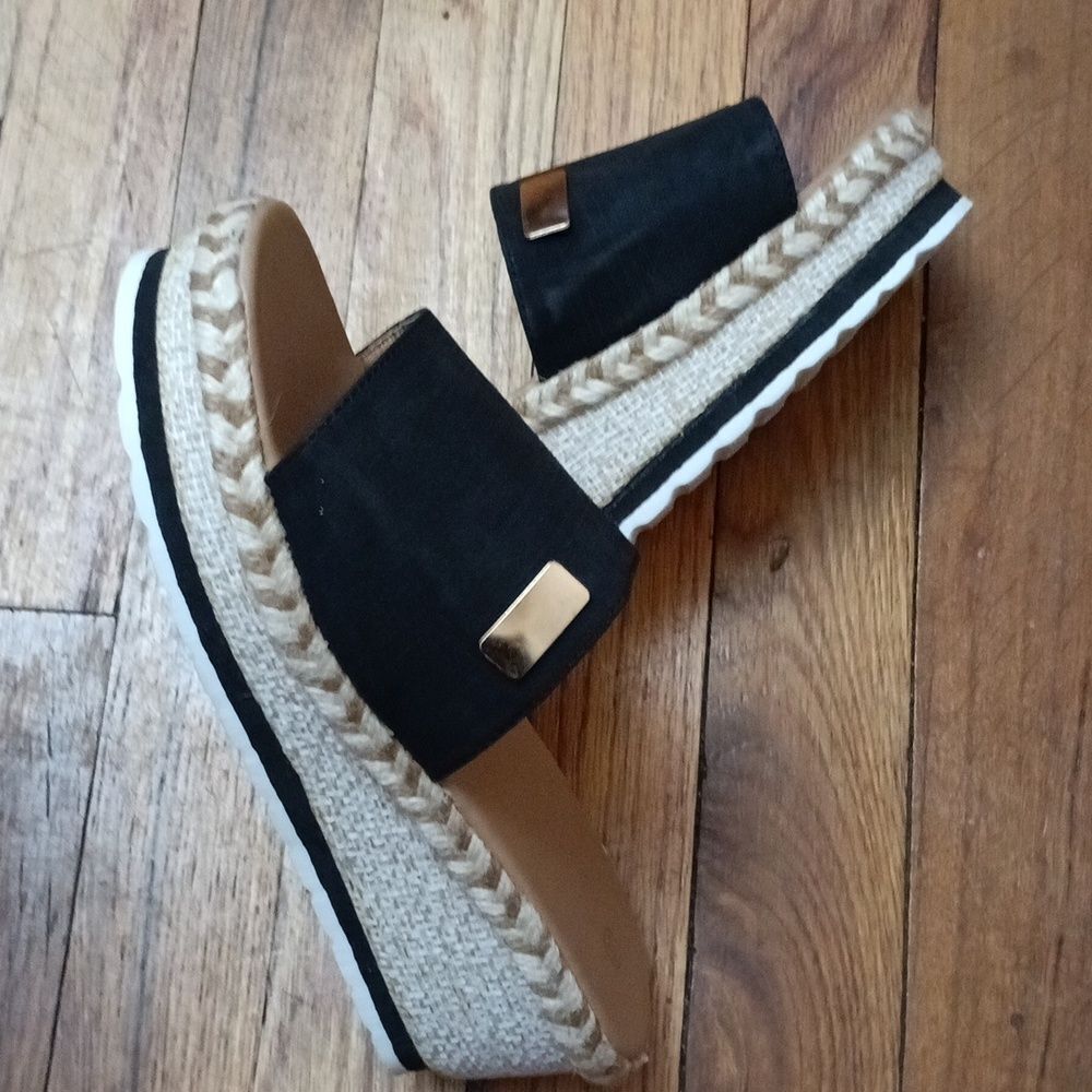 Black Espadrille Platform Slide Sandals with Gold Accent